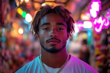 Fototapeta premium Young man with stylish hair poses confidently in vibrant neon-lit market at night