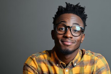 Obraz premium Young man smiles confidently with glasses, wearing a patterned shirt in a simple studio setting