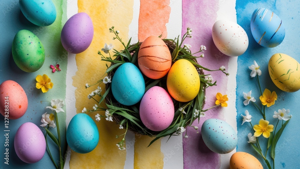 Poster colorful easter eggs in a nest with spring flowers against watercolor stripes background creating a 