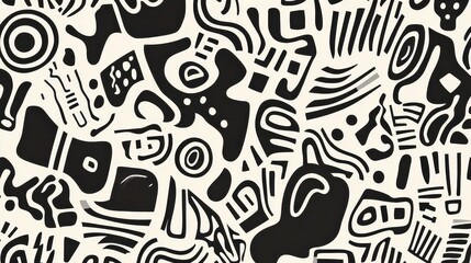 An intricate black and white abstract pattern featuring various shapes and lines, evoking a sense of creativity and modern design.