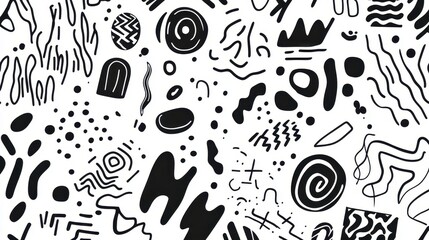 Abstract black and white patterns featuring various shapes and line art, creating a dynamic and artistic backdrop.