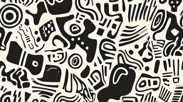 An intricate black and white abstract pattern featuring various shapes and lines, evoking a sense of creativity and modern design.