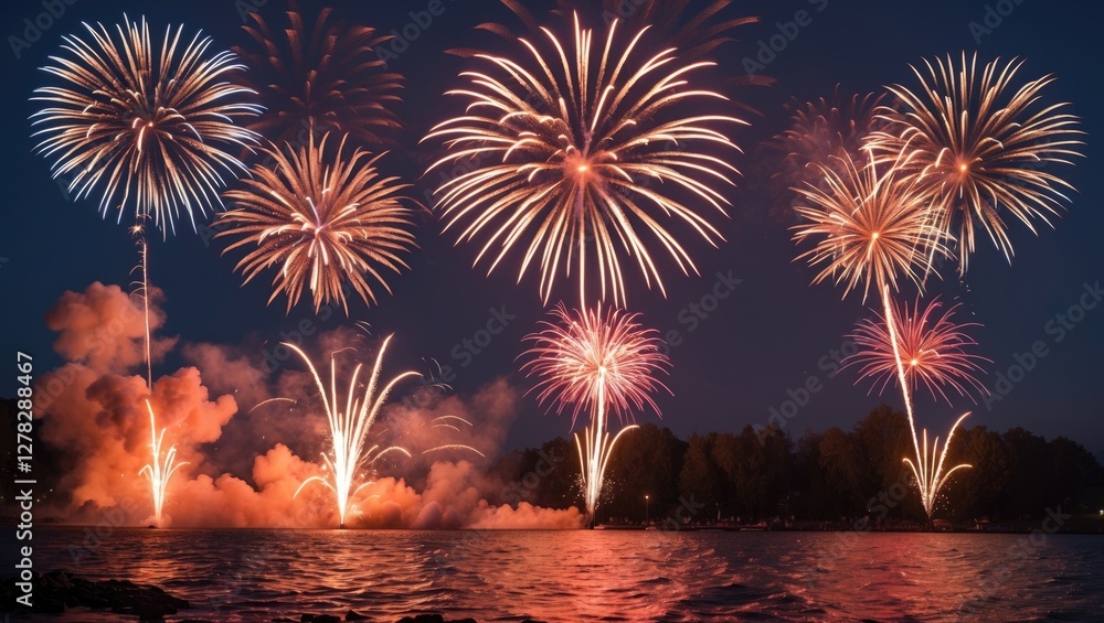 Aufkleber vibrant fireworks display over water with colorful explosions and clear space for text or graphics