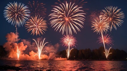 Fototapeta premium Vibrant Fireworks Display Over Water with Colorful Explosions and Clear Space for Text or Graphics