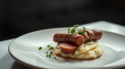 Sausage Stack: Savory sausage atop creamy mashed potatoes, garnished with fresh microgreens on a white plate.