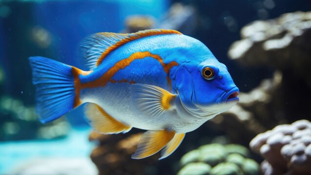 Vibrant Electric Blue Jack Dempsey Fish Swimming Amidst Coral in Aquarium Setting