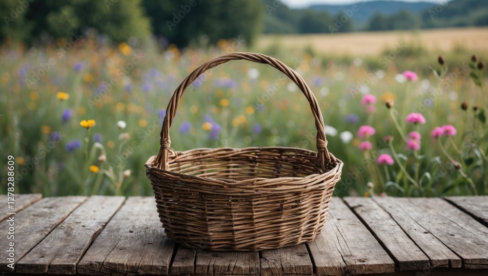 Poster empty wicker basket resting on a rustic wooden table with a blurred vibrant wildflower field in the 