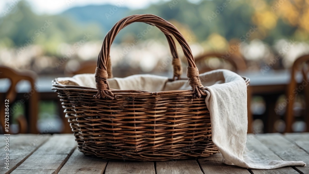 Poster woven wicker basket with a tablecloth on a rustic wooden table in a blurred outdoor setting ideal fo