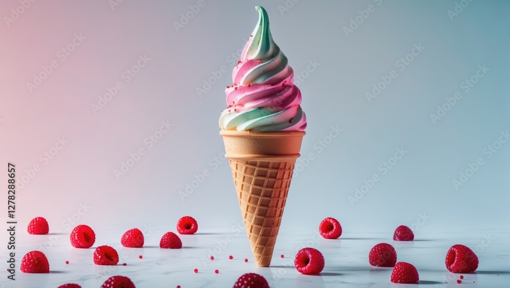 Poster colorful swirled soft serve ice cream cone surrounded by raspberries on light background with copy s