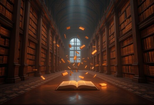 Majestic library with floating pages and an open book on the floor