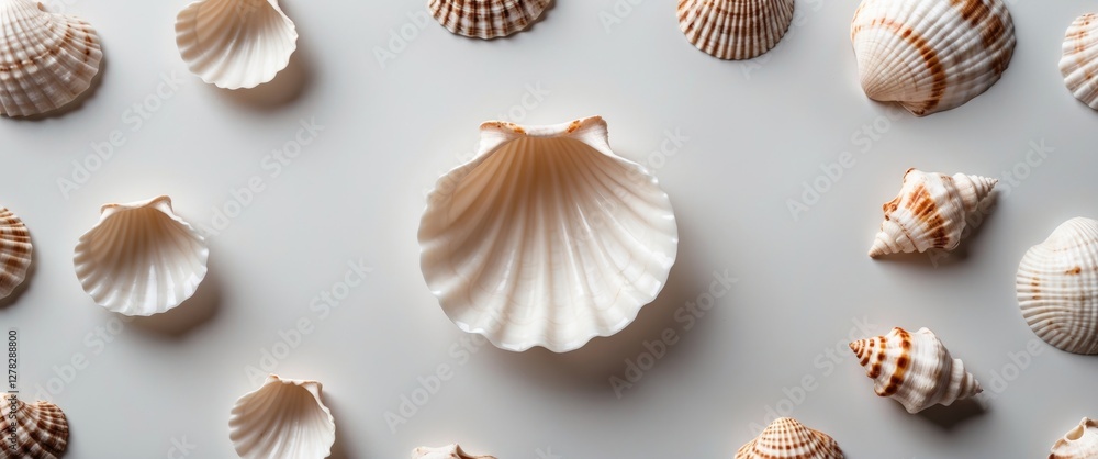 Poster assorted seashells arrangement on white background with central empty space for text or design eleme