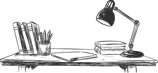 Illustrated desk setup with books, lamp, and stationery.