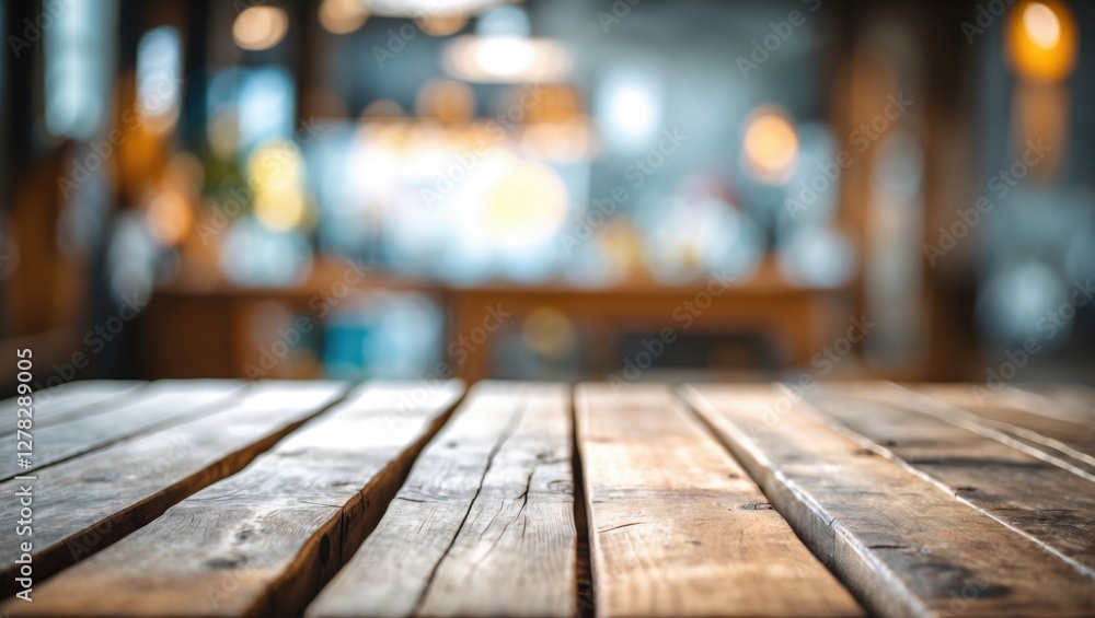 Poster wood table surface in blurred restaurant background ideal for product display or design montage with