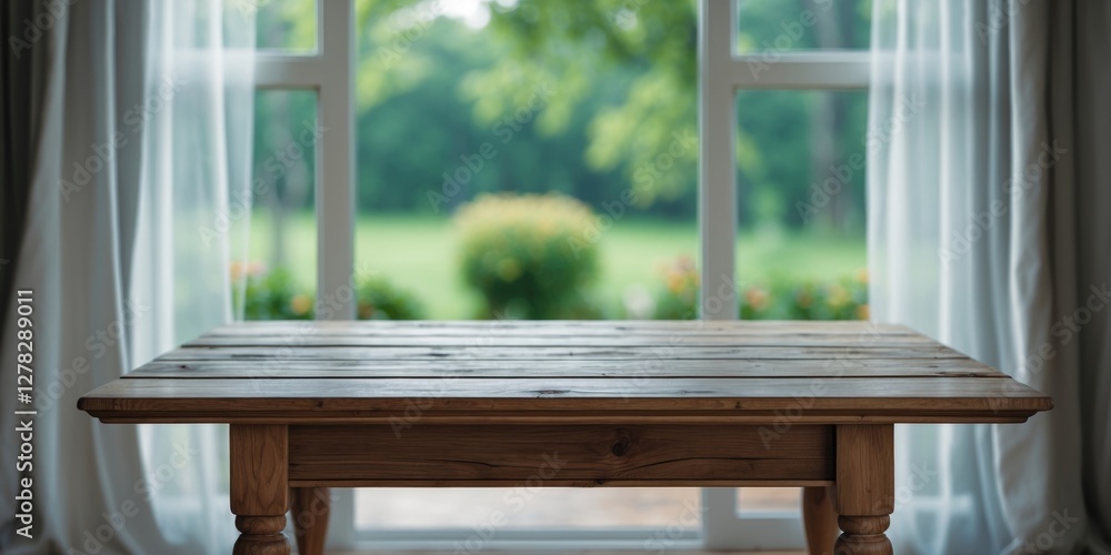 Poster wooden table top with blurred curtain and garden view through window ideal for product display and d