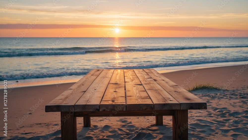 Poster scenic empty wooden table on beach at sunset perfect for product display and presentation with clear