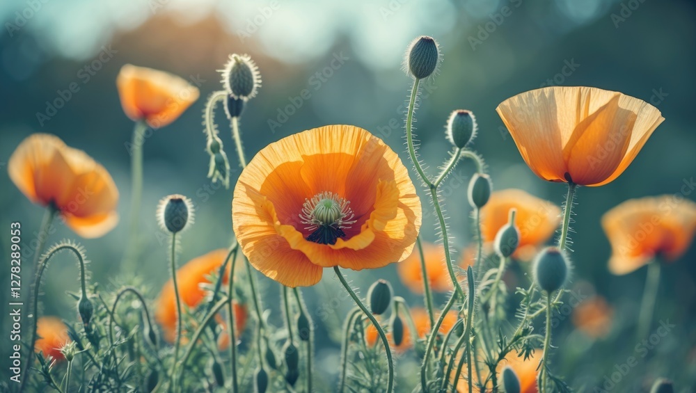 Poster vibrant orange poppies blooming in natural field with empty space for text or branding elements