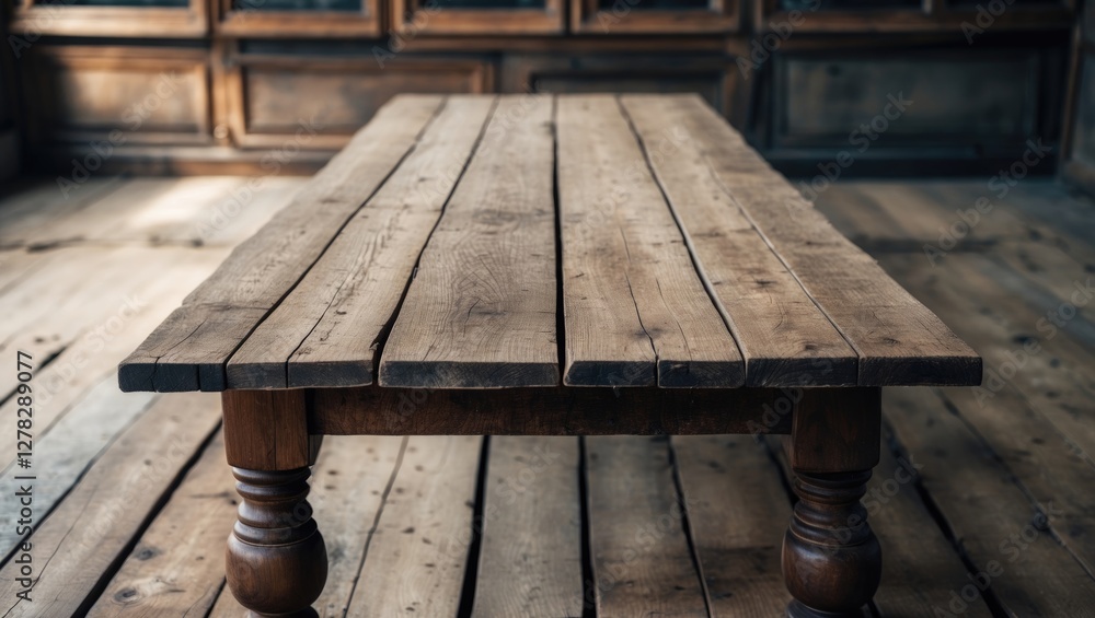 Poster rustic wooden table centered in a room ideal for product display mockups with warm background and na