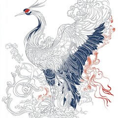 Fototapeta premium Ornate Japanese Crane with Dragon and Clouds - Line Art Illustration