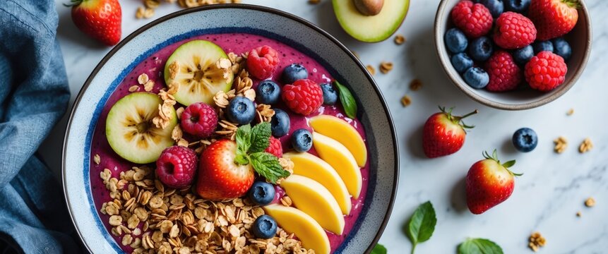 Vibrant smoothie bowl topped with fresh fruits and granola on a marble surface, perfect for promoting healthy breakfast choices.