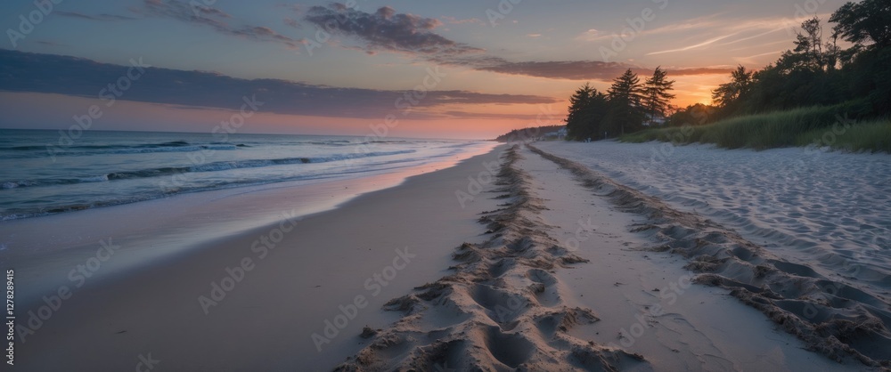 Poster serene evening beach scene with tranquil shoreline and empty space for text or design integration