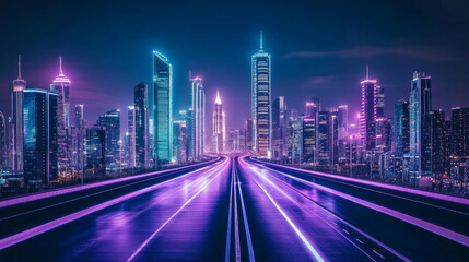 Fototapeta premium Road to night city, empty highway and glowing skyline with futuristic urban architecture, megapolis infrastructure with modern skyscraper buildings, purple neon background, Cartoon vector illustration