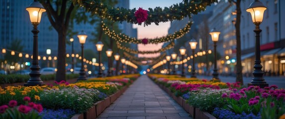 Fototapeta premium Evening cityscape featuring vibrant flower beds and illuminated street lamps adorned with garlands creating a festive atmosphere.