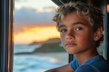 Young boy gazes out towards the sunset from a coastal window while reflecting on the beauty of nature and life