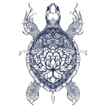Ornate Mandala Turtle with Lotus Flower  Intricate Line Art Design