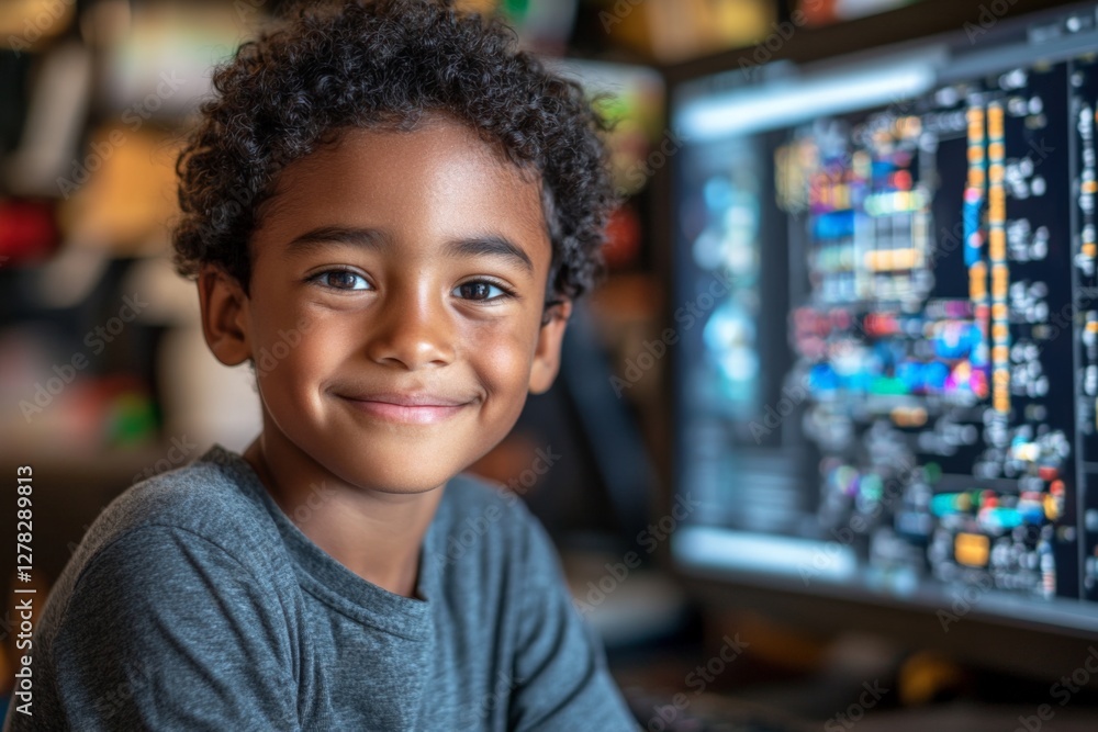 Poster young boy smiles while coding on a computer in a cozy, creative workspace filled with colorful scree