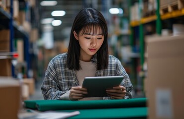 Asian woman working with tablet in warehouse for e-commerce tasks