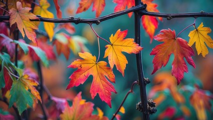 Vibrant Autumn Leaves Changing Colors on a Vine with Soft Background and Space for Text or Message