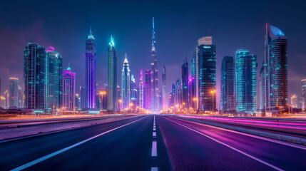 Obraz premium Road to night city, empty highway and glowing skyline with futuristic urban architecture, megapolis infrastructure with modern skyscraper buildings, purple neon background, Cartoon vector illustration