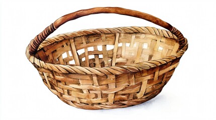 Hand Drawn Wicker Basket with Leather Handle Illustration