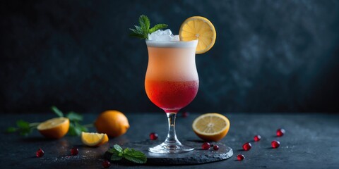 Vibrant Layered Cocktail Garnished with Lemon and Mint on a Dark Background Surrounded by Fresh Fruits