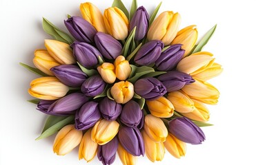 Fototapeta premium Circle of Yellow and Purple Tulips on White Background