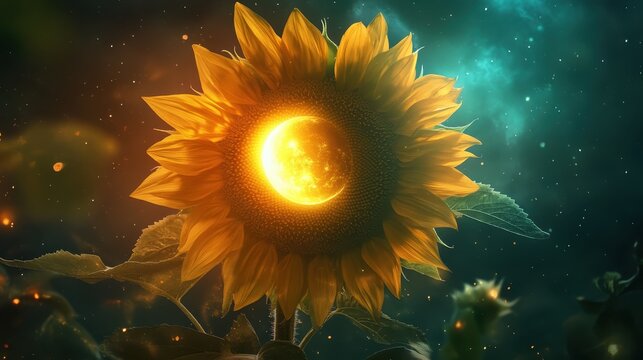 A vibrant sunflower with a glowing full moon at its center, creating an enchanting surreal scene filled with cosmic colors and ethereal light.