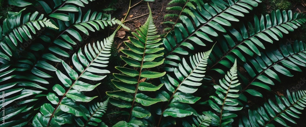 Poster lush green fern leaves in a tropical forest setting with space for text and design elements