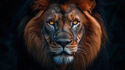 Fototapeta premium Majestic male lion with a magnificent mane and piercing golden eyes, showcasing its powerful presence against a dark background.