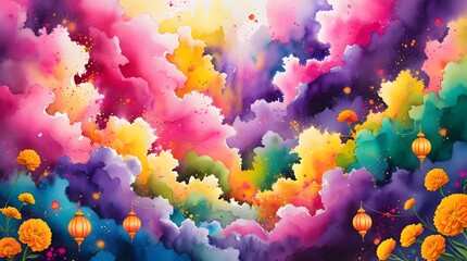 Whimsical Clouds and Lanterns in Fantasy Landscape