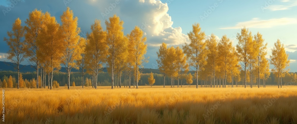 Poster vibrant field of golden aspen trees under a blue sky with empty space for text in late summer landsc