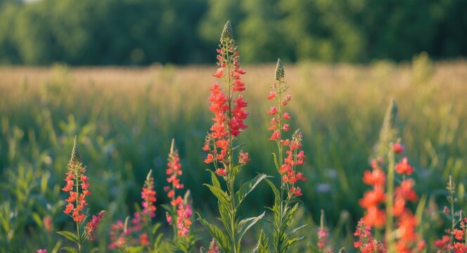 Vibrant Field of Blooming Fireweed Surrounded by Lush Greenery with Space for Text and Natural Background for Ecological Themes