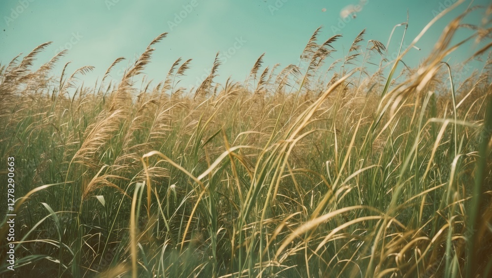 Poster serene field of tall grass swaying in wind under clear sky with ample space for text and messages