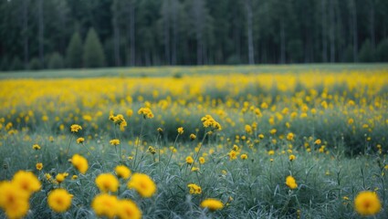 Vibrant Field of Yellow Flowers Surrounded by Lush Forest with Soft Focus Background and Space for Text Overlay