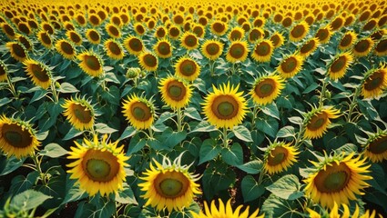 Aerial View of Vibrant Sunflower Field with Bright Yellow Blooms and Lush Green Leaves Ideal for Nature and Agriculture Themed Projects