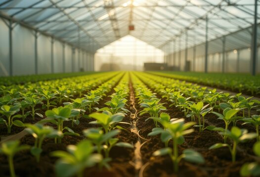 Vast greenhouse filled with rows of young plants under natural light