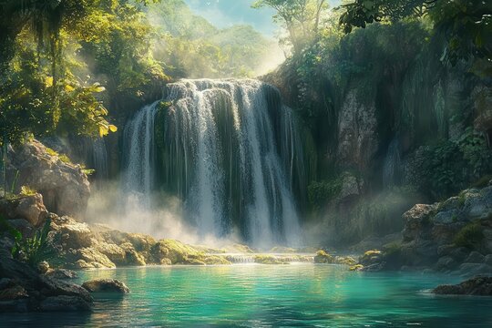 a majestic cascading waterfall plunges into a crystal-clear emerald pool, surrounded by lush tropical vegetation and moss-covered rocks, golden sunlight filtering through mist