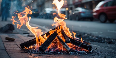 Street Fire with Flames and Smoke from Burning Wood in Urban Setting Close-Up with Space for Text Overlay