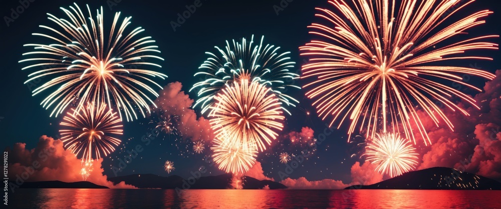 Poster colorful fireworks display over water with empty space for text for celebrations and events
