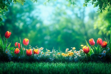 Blooming tulips and daisies create a vibrant spring landscape in a community garden, spring season flowers photograph, springtime advertisement image