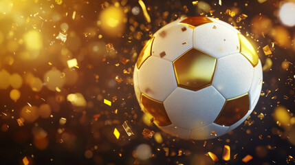 Fototapeta premium White and gold soccer ball for sport winner or bet design. Realistic 3d vector illustration set of golden football or volleyball equipment. European league and championship soccerball game element.